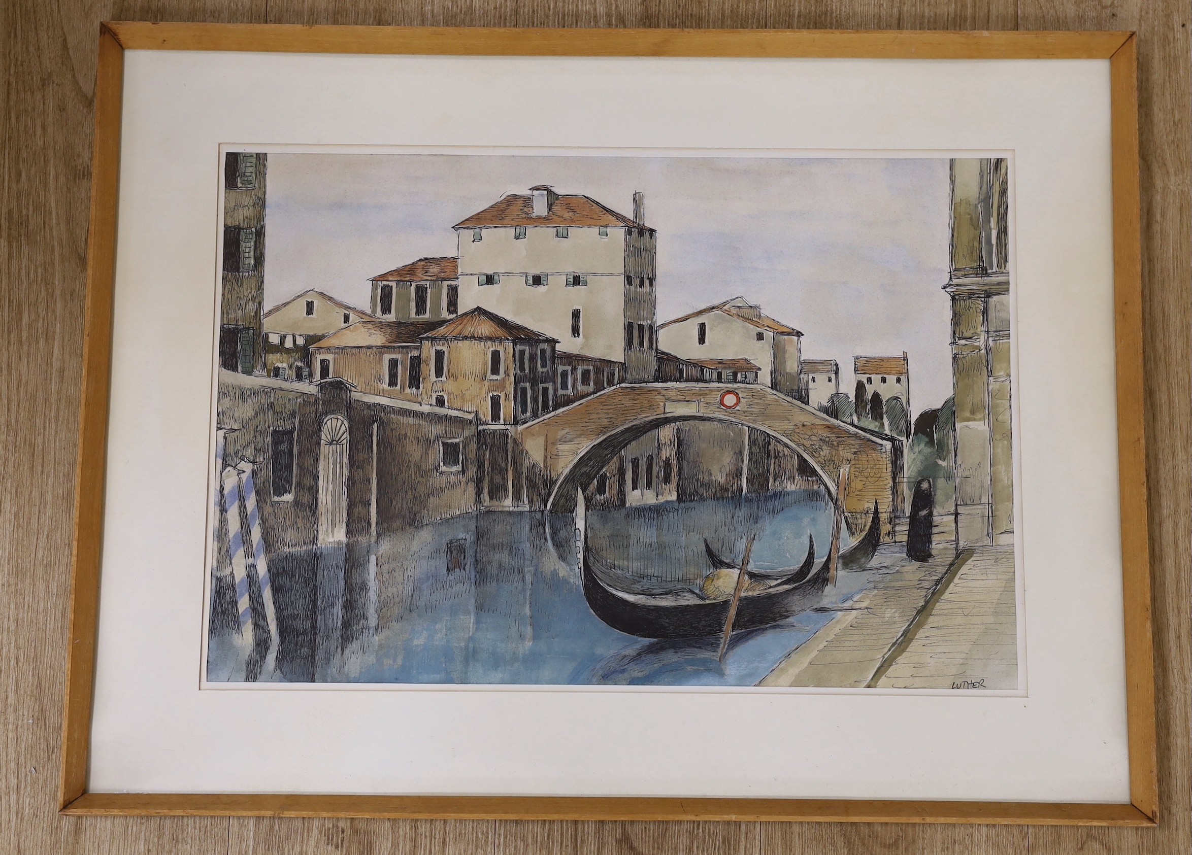 Peter Luther (b.1926), ink and watercolour, Venetian canal scene, signed, 37 x 55cm